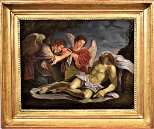 Christ mort pleuré par deux anges, Bologne XVIIe siècle - Tableaux et dessins Style Louis XIV